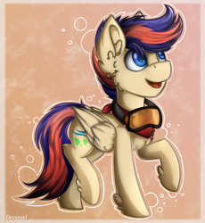 Size: 1664x1808 | Tagged: safe, artist:deraniel, imported from derpibooru, oc, oc only, oc:zephyr leaf, pegasus, pony, abstract background, bandana, cutie mark, digital art, ear fluff, goggles, happy, looking up, male, multicolored hair, multicolored mane, multicolored tail, open mouth, signature, solo, stallion, wings, ych result