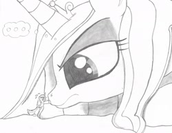 Size: 2200x1700 | Tagged: safe, artist:tenebrousmelancholy, imported from derpibooru, princess cadance, shining armor, disappointed, macro, micro, scared, shrunk, traditional art