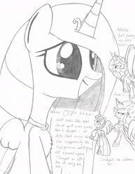 Size: 1700x2200 | Tagged: safe, artist:tenebrousmelancholy, imported from derpibooru, princess cadance, princess celestia, princess luna, twilight sparkle, alicorn, alicorn tetrarchy, angry, dialogue, disappointed, micro, shrunk, traditional art, twilight sparkle (alicorn)