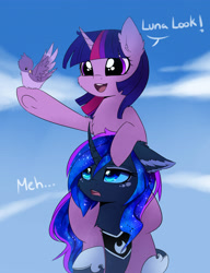 Size: 3000x3900 | Tagged: safe, artist:magnaluna, imported from derpibooru, princess luna, twilight sparkle, bird, pony, unicorn, cloud, curved horn, cute, dialogue, ear fluff, female, floppy ears, horn, lesbian, luna is not amused, lunabetes, mare, meh, open mouth, ponies riding ponies, riding, shipping, shoulder ride, sky, smiling, twiabetes, twilight riding luna, twiluna, unamused, underhoof, unimpressed