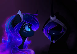 Size: 1900x1343 | Tagged: safe, artist:magnaluna, imported from derpibooru, princess luna, cheek fluff, cloak, clothes, color porn, colored pupils, curved horn, ear fluff, ethereal mane, evil kermit, galaxy mane, horn, inner me, looking at each other, meme, missing accessory, self ponidox, simple background