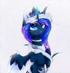 Size: 2299x2384 | Tagged: safe, artist:magnaluna, imported from derpibooru, princess luna, oc, oc:zefiroth, alicorn, dragon, pony, canon x oc, cheek fluff, chest fluff, collar, colored pupils, crown, curved horn, cute, ear fluff, ethereal mane, feather, female, fluffy, galaxy mane, glowing horn, horn, jewelry, leg fluff, looking up, lunabetes, magic, mare, neck fluff, ocbetes, open mouth, raised hoof, regalia, shipping, simple background, smiling, upside down, white background, wing fluff