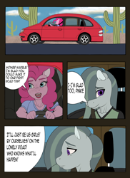 Size: 1350x1850 | Tagged: safe, artist:madara, imported from derpibooru, marble pie, pinkie pie, anthro, earth pony, car, clothes, comic cover, dialogue, duo, female, hair over one eye, lidded eyes, lipstick, mare, seatbelt, talking