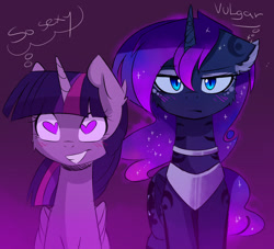 Size: 1600x1455 | Tagged: safe, artist:magnaluna, imported from derpibooru, princess luna, twilight sparkle, alicorn, pony, blushing, cheek fluff, collar, colored pupils, curved horn, duo, ear fluff, ethereal mane, floppy ears, galaxy mane, gradient background, grin, heart, heart eyes, horn, luna is not amused, offscreen character, smiling, twilight sparkle (alicorn), unamused, varying degrees of want, want, wingding eyes