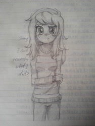 Size: 3120x4160 | Tagged: safe, artist:tastyrainbow, imported from derpibooru, wallflower blush, equestria girls, big eyes, clothes, cute, doubt, female, freckles, freehand, lined paper, solo, sweater, traditional art