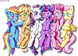 Size: 1100x800 | Tagged: safe, artist:tastyrainbow, imported from derpibooru, applejack, fluttershy, pinkie pie, rainbow dash, rarity, twilight sparkle, earth pony, pegasus, pony, unicorn, blushing, cute, female, happy, lies, mane six, many many pony, mare, meme, on back, one eye closed, shy, simple background, unicorn twilight, white background, wink