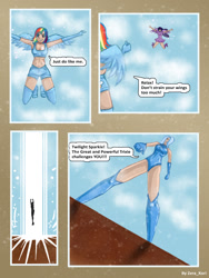 Size: 1024x1365 | Tagged: safe, artist:zera_kori, imported from derpibooru, rainbow dash, trixie, twilight sparkle, human, comic:trixie vs. rainbow dash and twilight sparkle, belly button, breasts, clothes, comic, dress, humanized, midriff, sports bra, winged humanization, wings