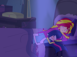 Size: 1600x1200 | Tagged: safe, artist:xxcutecookieswirlsxx, imported from derpibooru, sci-twi, sunset shimmer, twilight sparkle, equestria girls, bed, cuddling, duo, duo female, female, lesbian, scitwishimmer, shipping, sleeping, sleeping together, sunsetsparkle