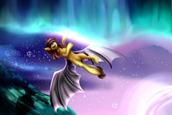 Size: 3000x2000 | Tagged: safe, artist:shamy-crist, imported from derpibooru, oc, oc only, oc:arrow flash, hybrid, pony, aurora borealis, bat wings, solo, wings