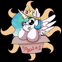 Size: 400x400 | Tagged: safe, artist:viejillox64art, imported from derpibooru, princess celestia, pony, black background, box, chibi, crown, female, jewelry, looking at you, one eye closed, pony in a box, regalia, simple background, solo, sticker, sun, tongue out, wings