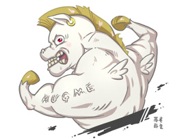Size: 1500x1230 | Tagged: safe, artist:mrs1989, imported from derpibooru, bulk biceps, pegasus, pony, ear piercing, flexing, looking at you, male, piercing, simple background, solo, stallion, vein