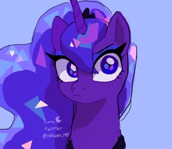 Size: 1536x1327 | Tagged: safe, artist:rakuen_295, imported from derpibooru, princess luna, alicorn, pony, blue background, bust, female, luna is not amused, mare, peytral, regalia, simple background, solo, unamused