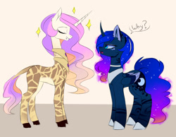 Size: 2300x1786 | Tagged: safe, artist:magnaluna, imported from derpibooru, princess celestia, princess luna, alicorn, giraffe, pony, collar, colored wings, colored wingtips, curved horn, dialogue, duo, duo female, ear fluff, ethereal mane, female, galaxy mane, giraffelestia, giraffied, grin, horn, long neck, mare, multiple wings, open mouth, pink-mane celestia, princess necklestia, question mark, royal sisters, siblings, simple background, sisters, smiling, species swap, white background