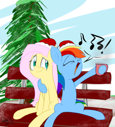 Size: 2000x2200 | Tagged: safe, artist:thedoctordisco, imported from derpibooru, fluttershy, rainbow dash, pony, bench, chocolate, christmas, female, flutterdash, food, hat, hearth's warming, hearth's warming eve, holiday, hot chocolate, lesbian, santa hat, shipping, side hug, singing, snow, wingless