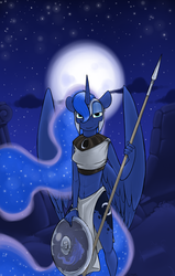Size: 1050x1650 | Tagged: safe, artist:sinrar, imported from derpibooru, princess luna, anthro, belly button, clothes, fantasy class, female, folded wings, loincloth, midriff, moon, night, shield, solo, spear, stars, warrior, warrior luna, weapon, wings