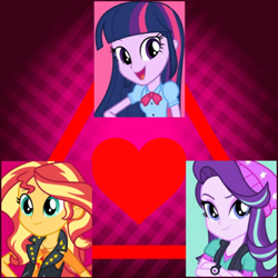 Size: 1500x1500 | Tagged: safe, edit, editor:axal-5, imported from derpibooru, starlight glimmer, sunset shimmer, twilight sparkle, equestria girls, equestria girls (movie), equestria girls series, mirror magic, spoiler:eqg specials, female, geode of empathy, heart, lesbian, love triangle, magical geodes, shimmerglimmer, shipping, smiling, sunsetsparkle, triangle, twishimmerglimmer, twistarlight, watch