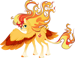 Size: 1024x790 | Tagged: safe, artist:lisianthus, imported from derpibooru, sunset shimmer, alicorn, classical unicorn, pony, equestria girls, :3, alicornified, blaze (coat marking), coat markings, colored hooves, colored horn, colored wings, colored wingtips, curved horn, ear fluff, facial markings, female, fiery shimmer, fire, frown, glare, horn, leonine tail, looking at you, looking back, mane of fire, mare, multicolored wings, pale belly, race swap, shimmercorn, simple background, solo, spread wings, transparent background, unshorn fetlocks, wing fluff, wings