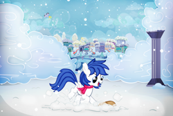 Size: 6045x4073 | Tagged: safe, artist:invisibleink, imported from derpibooru, oc, pegasus, pony, absurd resolution, christmas, christmas decoration, christmas lights, clothes, cloud, cloudsdale, commission, digging, female, filly, holiday, scarf, snow, treasure chest, treasure hunting