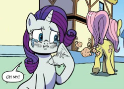 Size: 832x598 | Tagged: safe, artist:pencils, edit, idw, imported from derpibooru, fluttershy, rarity, pony, unicorn, spoiler:comic, spoiler:comic73, butt, cropped, crying, duo, duo female, fanning, fart, fart cloud, fart edit, female, mare, plot, raised tail, smelly, tail, teary eyes