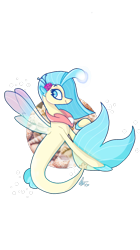 Size: 673x1200 | Tagged: safe, artist:motger-mor, imported from derpibooru, princess skystar, seapony (g4), my little pony: the movie, cute, female, fins, flower, flower in hair, jewelry, looking back, necklace, pearl necklace, profile, seashell, signature, skyabetes, smiling, solo, wings