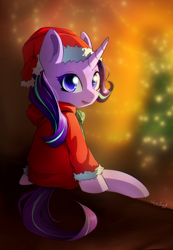 Size: 970x1400 | Tagged: safe, artist:skyeypony, imported from derpibooru, starlight glimmer, pony, unicorn, christmas, christmas tree, clothes, costume, cute, female, glimmerbetes, hat, holiday, looking at you, looking back, mare, santa costume, santa hat, sitting, smiling, solo, tree