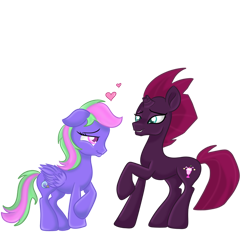 Size: 1024x1024 | Tagged: safe, artist:sparkleshadow, imported from derpibooru, fizzlepop berrytwist, tempest shadow, oc, pegasus, pony, unicorn, bedroom eyes, broken horn, canon x oc, crush, eye scar, female, heart, horn, lesbian, love, mare, ponysona, raised hoof, scar, simple background, transparent background