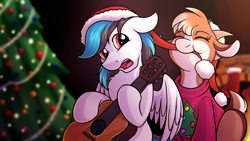 Size: 3840x2160 | Tagged: safe, artist:sugaryviolet, imported from derpibooru, oc, oc only, oc:emi goat, oc:turquoise splash, goat, pony, christmas, christmas tree, clothes, cute, eating, female, guitar, hat, holiday, male, ocbetes, santa hat, stallion, sweater, tree