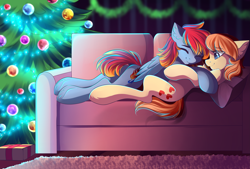 Size: 4311x2917 | Tagged: safe, artist:airiniblock, imported from derpibooru, oc, oc only, oc:arian blaze, oc:vital sparkle, pegasus, pony, chest fluff, christmas, christmas lights, christmas tree, commission, couch, duo, ear fluff, female, holiday, lesbian, mare, pillow, present, rcf community, smiling