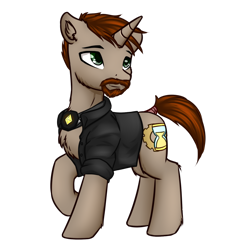 Size: 1280x1280 | Tagged: safe, artist:shido-tara, artist:shidotara, imported from derpibooru, oc, oc only, oc:6-9, pony, unicorn, 2019 community collab, derpibooru community collaboration, beard, clothes, facial hair, shirt, simple background, solo, standing, transparent background, watching