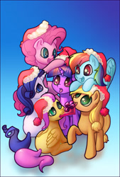 Size: 1822x2701 | Tagged: safe, artist:stratodraw, imported from derpibooru, applejack, fluttershy, pinkie pie, rainbow dash, rarity, twilight sparkle, pony, christmas, cute, female, gradient background, hat, hnnng, holiday, mane six, mare, present, santa hat