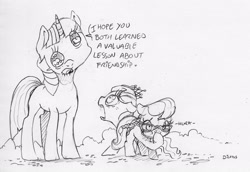 Size: 2061x1417 | Tagged: safe, artist:dilarus, deleted from derpibooru, imported from derpibooru, diamond tiara, silver spoon, twilight sparkle, earth pony, pony, unicorn, comic:the many faces of twilight sparkle, dialogue, female, filly, mare, monochrome, nightmare fuel, not salmon, onomatopoeia, simple background, traditional art, wat, white background