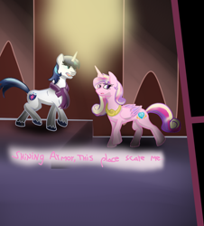 Size: 898x995 | Tagged: safe, artist:shehaveboththings, imported from derpibooru, princess cadance, shining armor, alicorn, pony, unicorn, clothes, cutie mark, dialogue, lightning, scarf, shadow