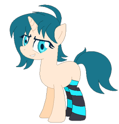 Size: 402x420 | Tagged: safe, artist:fandom-crockpot, imported from derpibooru, oc, oc only, oc:cross-play, pony, unicorn, blank flank, clothes, female, grin, mare, simple background, smiling, socks, solo, striped socks, transparent background