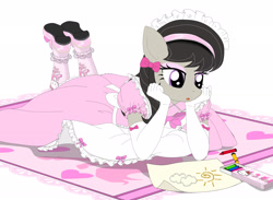 Size: 3000x2193 | Tagged: safe, artist:avchonline, imported from derpibooru, octavia melody, anthro, alice in wonderland, bow, clothes, crayon, crayon drawing, dress, eyeshadow, female, gloves, hair bow, hello kitty, long gloves, maid, makeup, mare, mary janes, octamaid, pantyhose, pinafore, sanrio, solo, traditional art