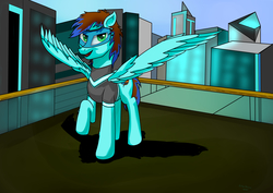 Size: 14031x9921 | Tagged: safe, artist:samdrmlp, imported from derpibooru, oc, oc:crizstorm, pegasus, pony, absurd resolution, black background, blue, building, city, colored, day, green eyes, simple background, smiling