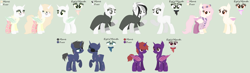 Size: 3004x880 | Tagged: safe, artist:kawaiiwolflady, artist:selenaede, artist:strawberry-spritz, imported from derpibooru, oc, oc only, oc:giga-byte, oc:nancy mares, oc:night-strike, oc:shadow-fang, oc:trendy, alicorn, bat pony, bat pony alicorn, earth pony, pegasus, pony, alicorn oc, base used, bat pony oc, blank flank, bracelet, chest fluff, clothes, coat, colored tongue, colored wings, detective, ear fluff, ear piercing, earring, eye scar, eyepatch, fangs, female, flannel, floral head wreath, flower, freckles, glasses, gray background, headphones, hipster, hoodie, jewelry, male, mare, mercenary, monocle, multicolored hair, multicolored wings, open mouth, piercing, raised hoof, reference sheet, scar, scarf, simple background, socks, solo, stallion, stockings, thigh highs, tongue out, wall of tags
