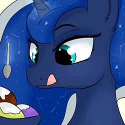 Size: 600x600 | Tagged: safe, artist:dashy21, imported from derpibooru, princess luna, alicorn, pony, female, food, glowing horn, ice cream, magic, mare, smiling, solo, spoon, tongue out