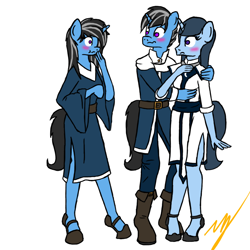 Size: 1000x1000 | Tagged: safe, artist:zatgeneral, imported from derpibooru, oc, oc only, oc:blue pill, oc:silver lining, anthro, unicorn, alternate timeline, blushing, clothes, male