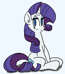 Size: 1280x1478 | Tagged: safe, artist:benja, imported from derpibooru, rarity, pony, blue background, ear fluff, female, no pupils, simple background, sitting, solo