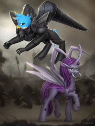 Size: 1200x1600 | Tagged: safe, artist:scheadar, imported from derpibooru, gallus, sweetie belle, changeling, griffon, zerg, fanfic:starcraft queen and country, armor, changelingified, duo, fanfic art, flying, mobile police patlabor, patlabor, pincers, power armor, species swap, starcraft, wanderer d