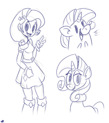 Size: 1280x1442 | Tagged: safe, artist:benja, imported from derpibooru, rarity, human, pony, beady eyes, ear fluff, female, humanized, lidded eyes, monochrome, no pupils, open mouth, peace sign, signature, simple background, sketch, solo, white background