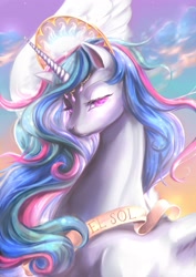 Size: 2480x3508 | Tagged: safe, artist:catofrage, imported from derpibooru, princess celestia, alicorn, pony, female, glowing eyes, horn jewelry, jewelry, lidded eyes, looking at you, majestic, mare, queen celestia, solo, spanish