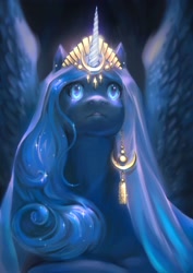Size: 2480x3508 | Tagged: safe, artist:catofrage, imported from derpibooru, princess luna, alicorn, pony, ear piercing, earring, female, headdress, horn jewelry, jewelry, looking up, mare, piercing, solo
