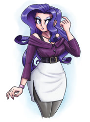 Size: 1253x1700 | Tagged: safe, artist:king-kakapo, imported from derpibooru, rarity, human, breasts, busty rarity, clothes, curvy, female, hourglass figure, humanized, simple background, solo