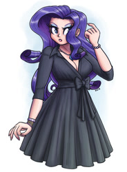 Size: 1253x1700 | Tagged: safe, alternate version, artist:king-kakapo, imported from derpibooru, rarity, human, bracelet, breasts, busty rarity, cleavage, clothes, curvy, dress, ear piercing, earring, female, hourglass figure, humanized, jewelry, piercing, simple background, solo