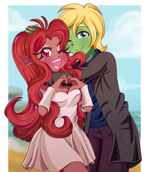 Size: 2000x2300 | Tagged: safe, artist:lucy-tan, imported from derpibooru, oc, oc:mezma, oc:northbridge, equestria girls, blushing, clothes, commission, female, heart hands, looking at you, male, mezbridge, oc x oc, one eye closed, shipping, smiling, straight