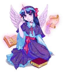 Size: 1738x2000 | Tagged: safe, artist:catofrage, imported from derpibooru, twilight sparkle, alicorn, equestria girls, book, female, glasses, headdress, horn, looking at you, magic, pentagram, quill, scroll, simple background, solo, telekinesis, transparent background, twilight sparkle (alicorn), wings