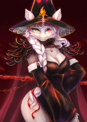 Size: 1060x1500 | Tagged: safe, artist:catofrage, imported from derpibooru, oc, oc only, anthro, anthro oc, breasts, cleavage, female, hat, looking at you, solo, witch, witch hat