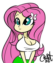 Size: 600x710 | Tagged: safe, artist:comet0ne, imported from derpibooru, fluttershy, equestria girls, adorasexy, big breasts, breasts, busty fluttershy, cartoon, cleavage, clothes, cute, digital art, drawing tablet, female, hairpin, huge breasts, sexy, shyabetes, simple background, smiling, solo, tanktop, white background