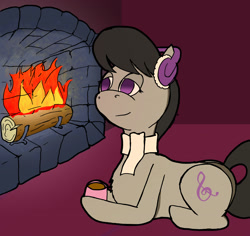 Size: 2525x2388 | Tagged: safe, artist:darka01, imported from derpibooru, octavia melody, earth pony, pony, chimney, chocolate, clothes, earmuffs, female, fire, fireplace, food, hot chocolate, log, mare, scarf, solo